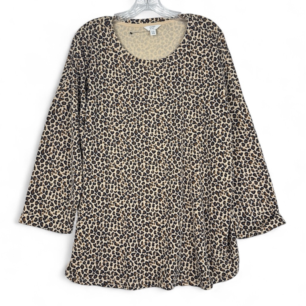 Crown Ivy 3/4 Cuff Sleeve Top Womens Size XXL Leopard Print Lightweight Stretch‎